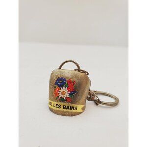 Vintage mini Brass Cow Bell Hanging Edelweiss Flowers keychain